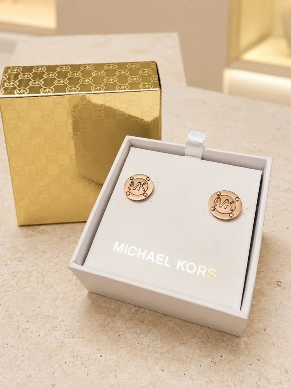 Michael Kors MK Logo Disk Stud Earrings Rose Gold Tone 14mm Authentic NWT